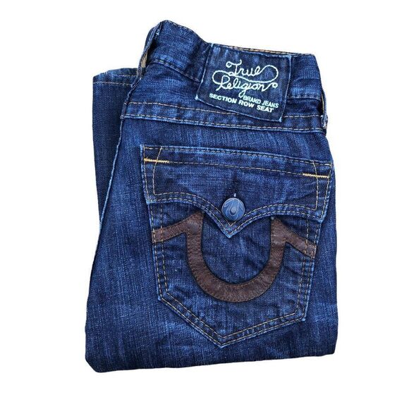 True Religion Jeans Size 29 Blue Leather Horshoe - Picture 1 of 8
